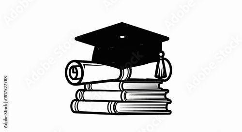 Graduation cap, diploma scroll, and stack of books illustration
