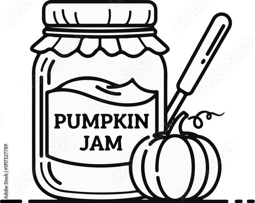Jar of pumpkin jam with a small pumpkin and spoon, black and white