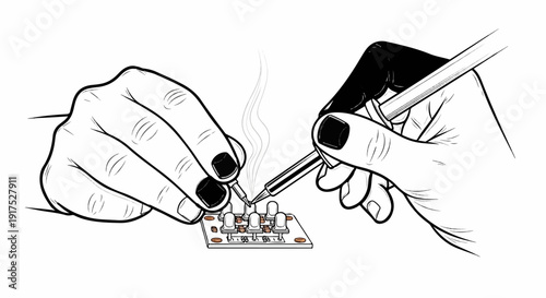 Hands carefully soldering electronic components onto a circuit board with wisps of smoke