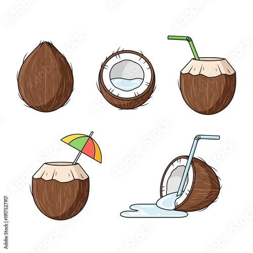 Coconuts shown whole, halved, and as drinks with straws and umbrellas.