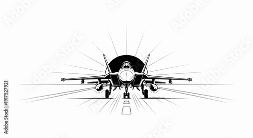 Jet fighter on runway, with sunburst and dark circle behind it