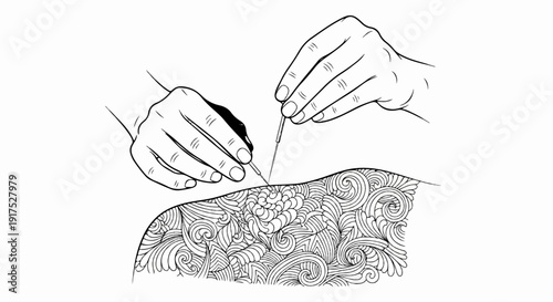 Hands applying needles to patterned skin