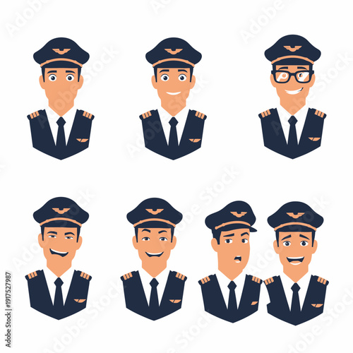 Seven cartoon pilots in uniform with varying facial expressions.