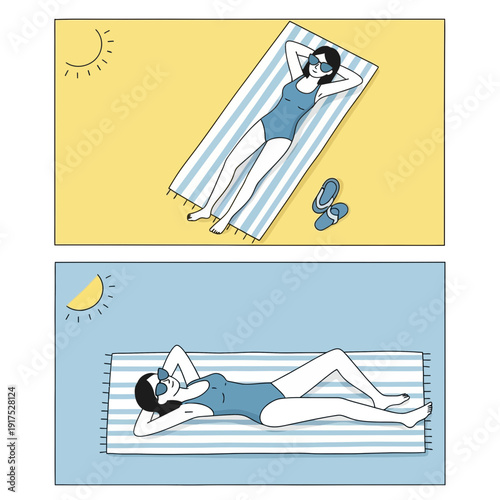 Woman sunbathing on a striped mat with sunglasses and a book.