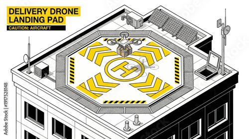 Isometric delivery drone landing pad on building roof, futuristic autonomous UAV logistics infrastructure