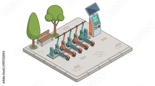 Isometric electric scooter rental station with solar panel, urban micro mobility transport concept