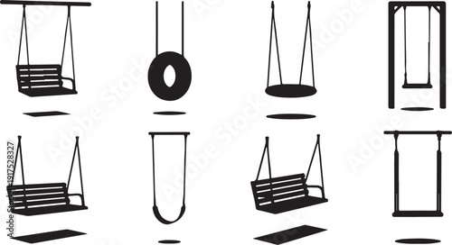 Various Swing Sets and Hanging Objects in Simple Illustrations