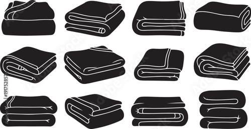 Various folded black towels on white background illustration set