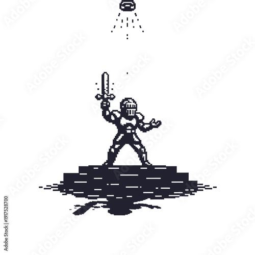 Pixelated knight holds sword aloft on platform with shadows.