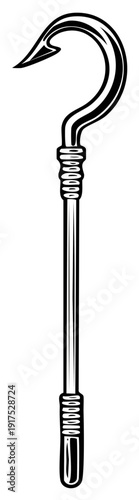 Stylized Sharp Fishhook with Long Handle an Angling Implement in Black and White