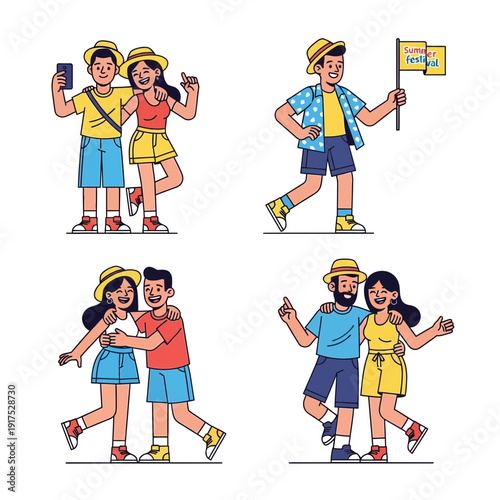 People taking selfies, holding a flag, and walking together.