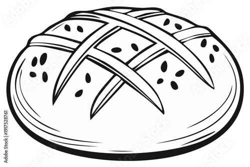 Artistic Outline of a Round Loaf of Bread with a Scored Top and Seeds