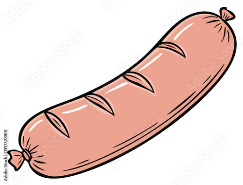 Cartoon illustration of a single raw sausage link or wiener ready for cooking