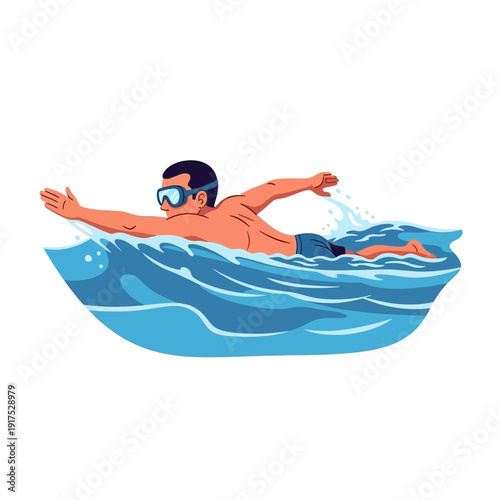 Man swimming freestyle in blue water with goggles.