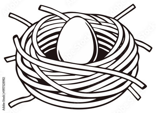 Simple Line Art Drawing of a Bird's Nest Containing a Single Oval Egg