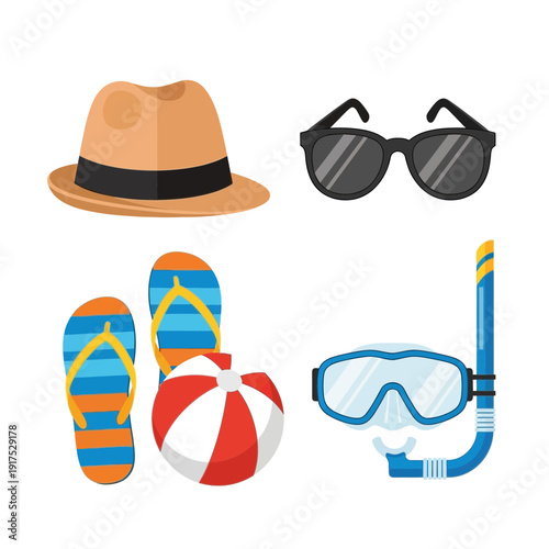 Hat sunglasses flip-flops beach ball and snorkel mask for summer fun.