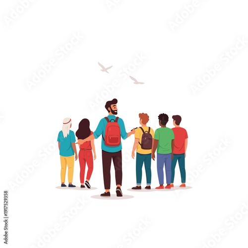 Teacher with students gathered around him, birds flying above.