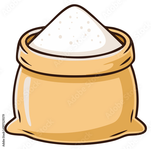 Cartoon vector illustration of an open burlap sack full of flour or sugar