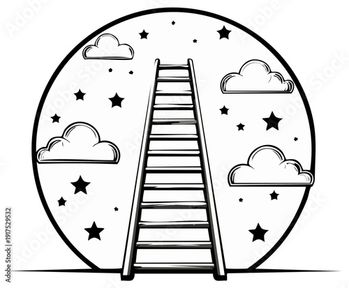 Dreamy ladder reaching for stars and clouds within a celestial circle illustration