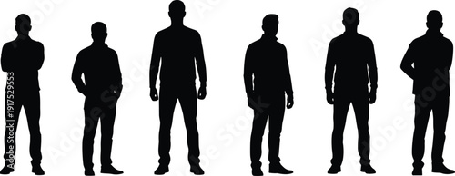Black Silhouette Vector Illustration of a Diverse Multiethnic Group of Men and Women Standing in a Row with Reflections Representing Social Community and Unity
