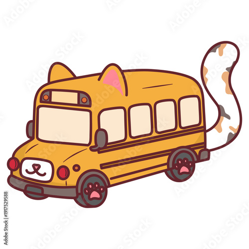 Fotografie Yellow school bus with cat ears and calico tail cartoon vehicle