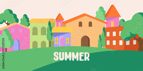 Abstract tropical summer template. Poster design with palm tree, leaf, sun, sand beach in minimal style. Colorful summer vacation and travel backgrounds. Bright modern vector illustration 