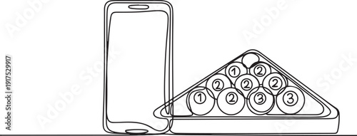 Single continuous line drawing smartphone and billiards balls in triangle. Snooker balls with numbers in wooden rack for pool room sport game. one line Icon drawing