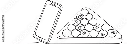 Single continuous line drawing smartphone and billiards balls in triangle. Snooker balls with numbers in wooden rack for pool room sport game. one line Icon drawing