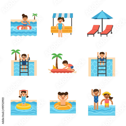 People enjoying various activities in and around a swimming pool.