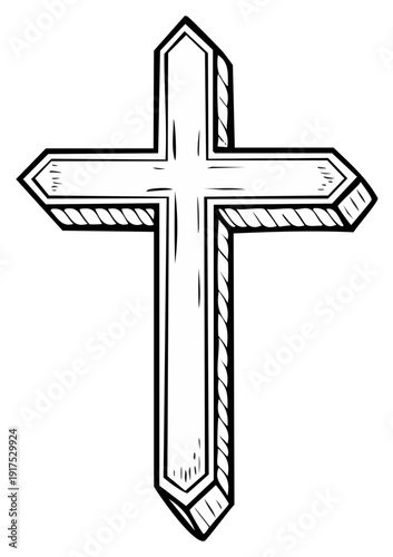 A hand drawn Christian cross religious symbol with a beveled 3D effect black and white line art illustration