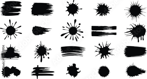 black ink splatters and brush strokes on white background messy artistic elements