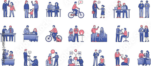 Collection of modern flat vector characters engaged in diverse lifestyle activities like working from home cycling walking dogs and socializing isolated on white background