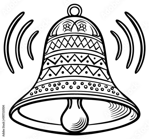 Outlined illustration of a ringing bell with decorative patterns and sound waves.