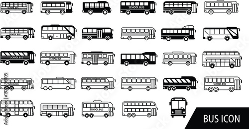 Comprehensive Collection of Vector Bus Icons Featuring School Buses Double Decker Coaches and Public Transit Vehicles in Minimalist Black and White Silhouette Style Set