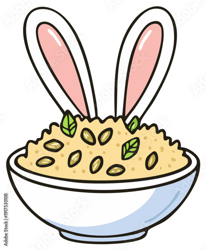Whimsical Bowl of Oatmeal Topped with Pumpkin Seeds and Mint Decorated with Cute Bunny Ears