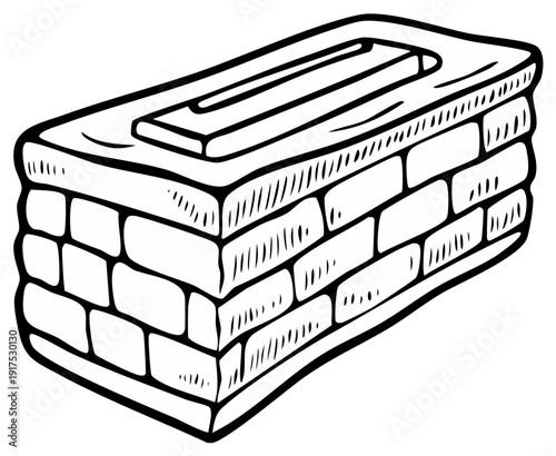 Simple hand drawn illustration of a single red brick with a hollow center and rough texture