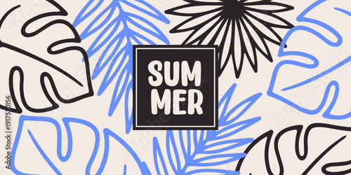 Abstract tropical summer template. Poster design with palm tree, leaf, sun, sand beach in minimal style. Colorful summer vacation and travel backgrounds. Bright modern vector illustration 