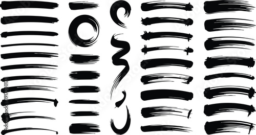 Black brush strokes and swirls on white background for design elements and artistic use brush strokes