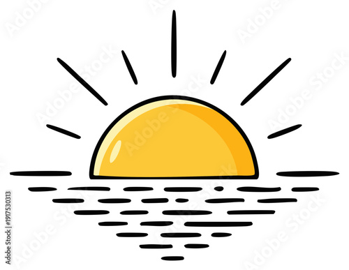 Cartoon Drawing of Sun Setting Over Water Simple Illustration