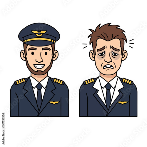 Two pilots, one looking happy, the other looking tired and stressed.