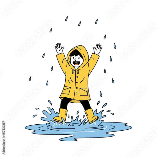 Person in yellow raincoat jumping in a puddle during rain.