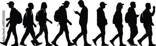 Diverse collection of business people silhouettes and flat vector illustrations standing in line and facing forward for recruitment human resources and community teamwork concept