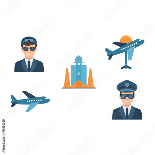 Pilots and airplanes near a building icon.