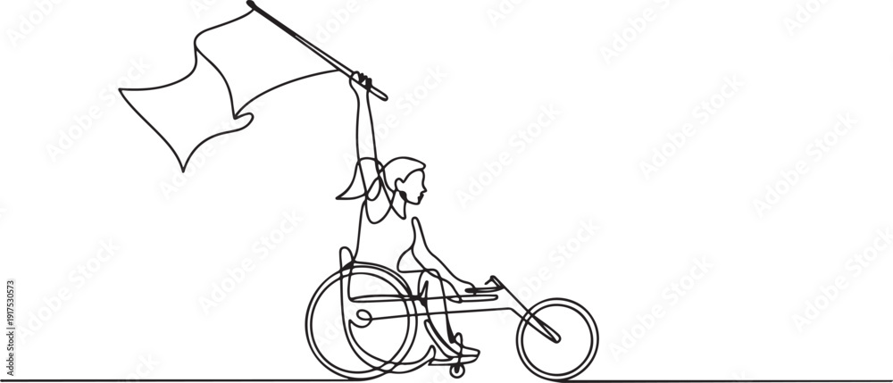 Naklejka premium Single one line drawing young amputee woman with body injuries raising flag. Disabled athlete sitting on racing wheelchair, disabled sportswoman. one line Icon drawing