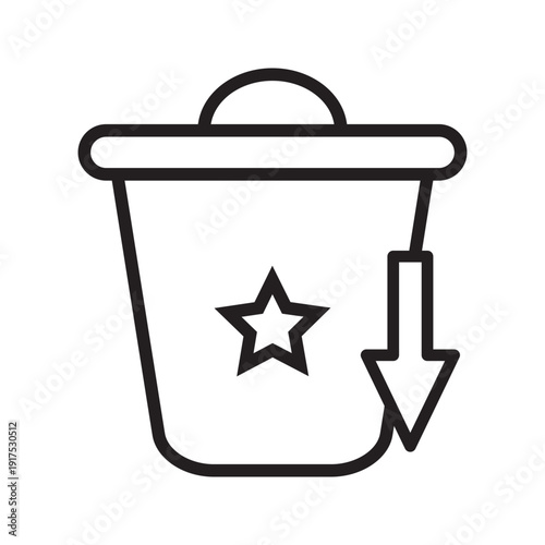 Minimalist line icon of a bucket with a star and downward arrow. Concept of removing favorites, deleting saved items, cleaning wishlist, and managing bookmarked content. Simple outline vector isolated