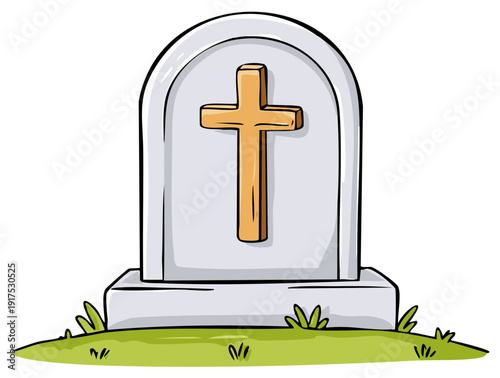 Simple Cartoon Gravestone With Christian Cross Illustration Standing on Green Grass