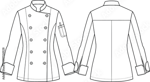 Chef jacket technical drawing front and back view double breasted uniform flat vector illustration for restaurant apparel