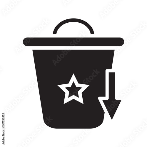 Minimalist line icon of a bucket with a star and downward arrow. Concept of removing favorites, deleting saved items, cleaning wishlist, and managing bookmarked content. Simple outline vector isolated