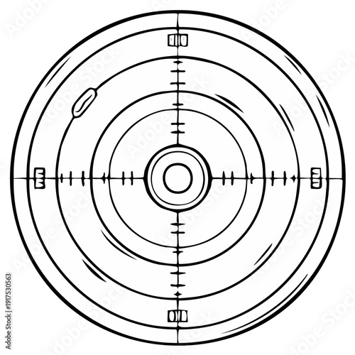 Circular crosshair reticle graphic with concentric circles and measurement markings