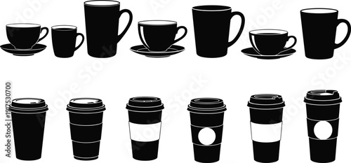 Coffee cup silhouettes set with ceramic mugs and takeaway paper cups isolated vector collection for cafe beverage branding design